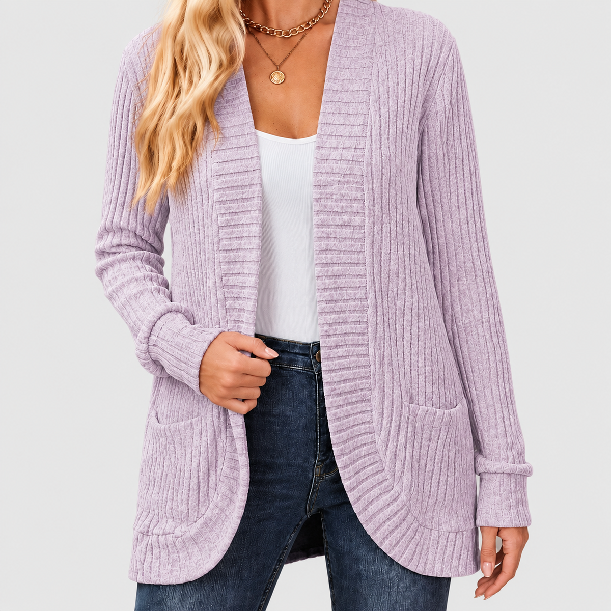 Noelle | Women’s Open-Front Ribbed Knit Cardigan with Patch Pockets — Light Purple