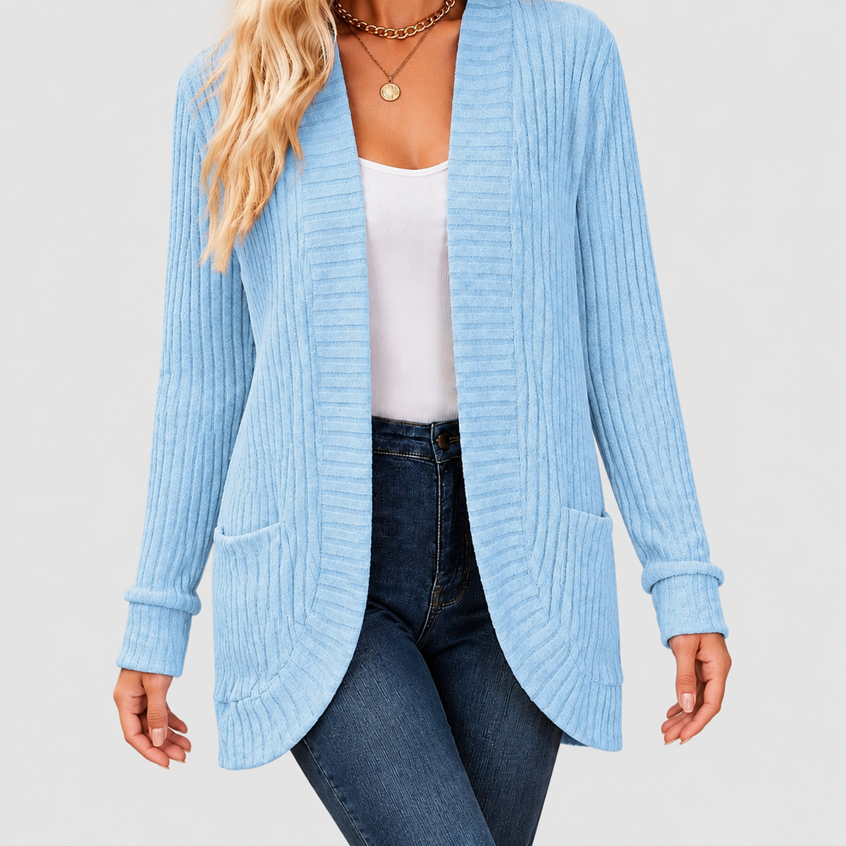 Noelle | Women’s Open-Front Ribbed Knit Cardigan with Patch Pockets — Powder Blue