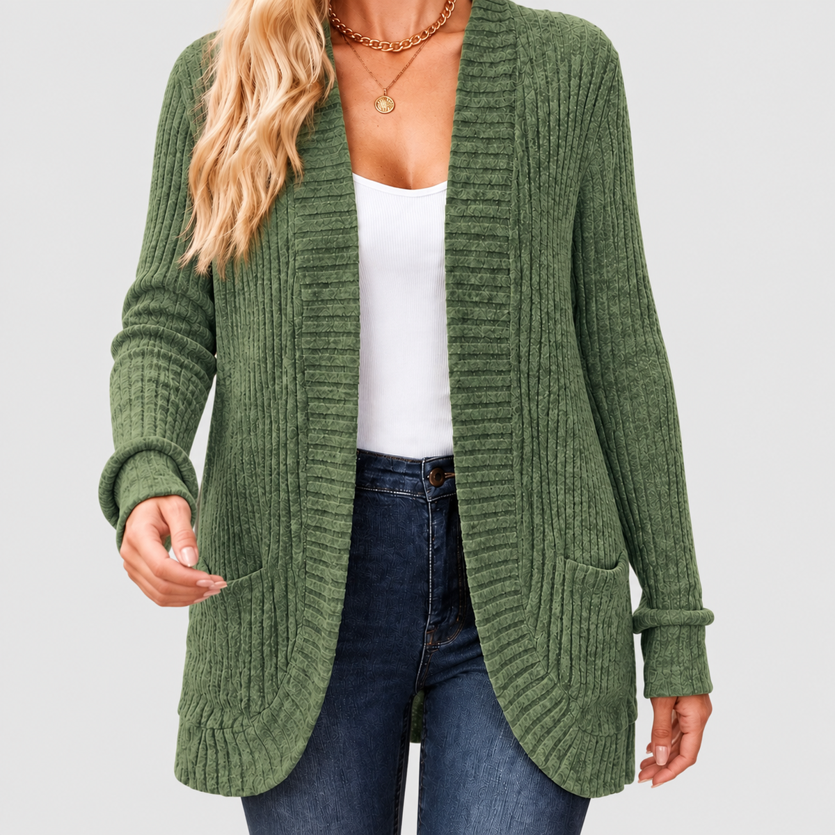 Noelle | Women’s Open-Front Ribbed Knit Cardigan with Patch Pockets — Fern Green