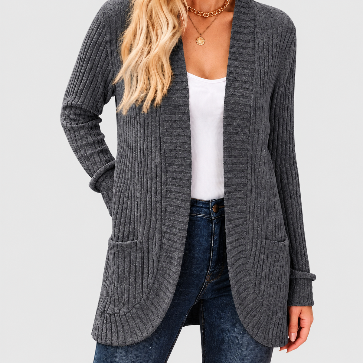 Noelle | Women’s Open-Front Ribbed Knit Cardigan with Patch Pockets — Lead Grey