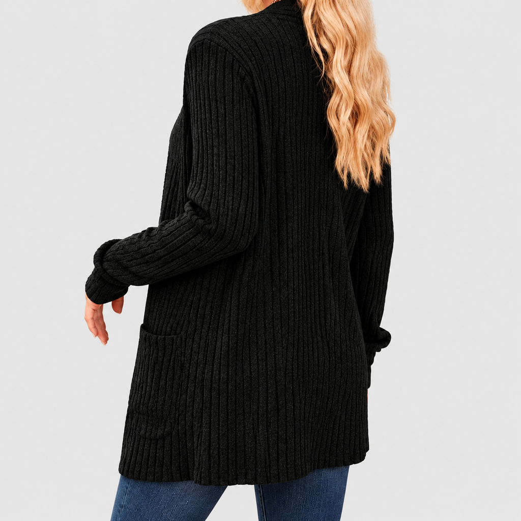 Noelle | Women’s Open-Front Ribbed Knit Cardigan with Patch Pockets — product detail 7