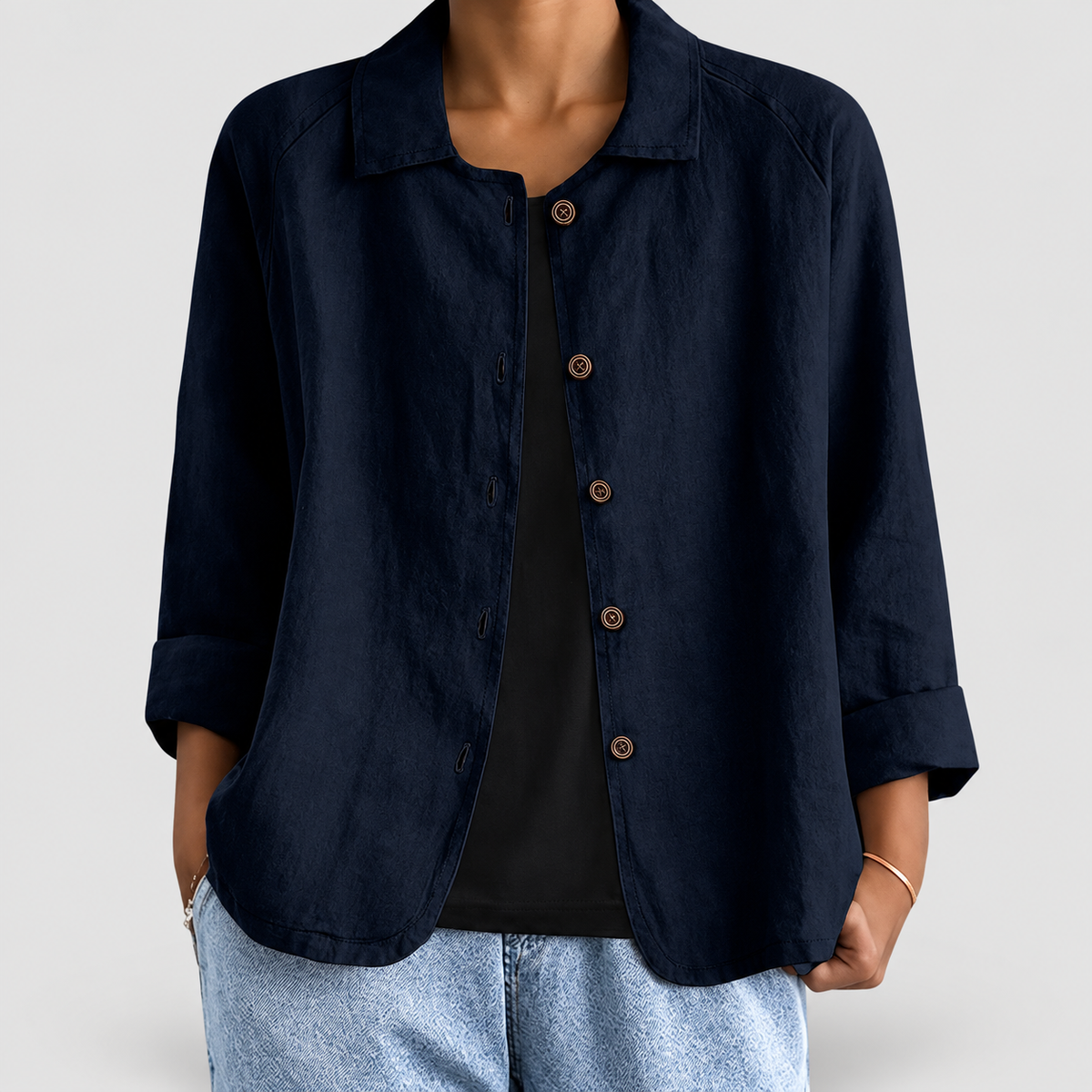 Nola | Women’s Collared Button-Front Blazer — Navy Blue