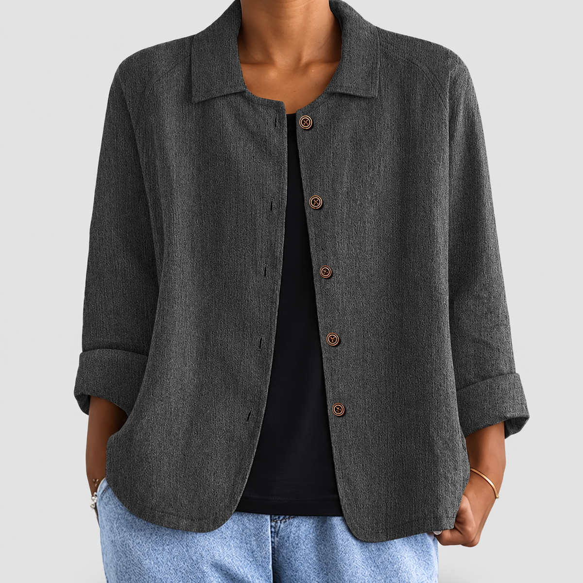 Nola | Women’s Collared Button-Front Blazer — Dark Grey