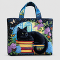 Octavia | Women’s Black Cat and Books Quilted Tote Bag — product detail 1