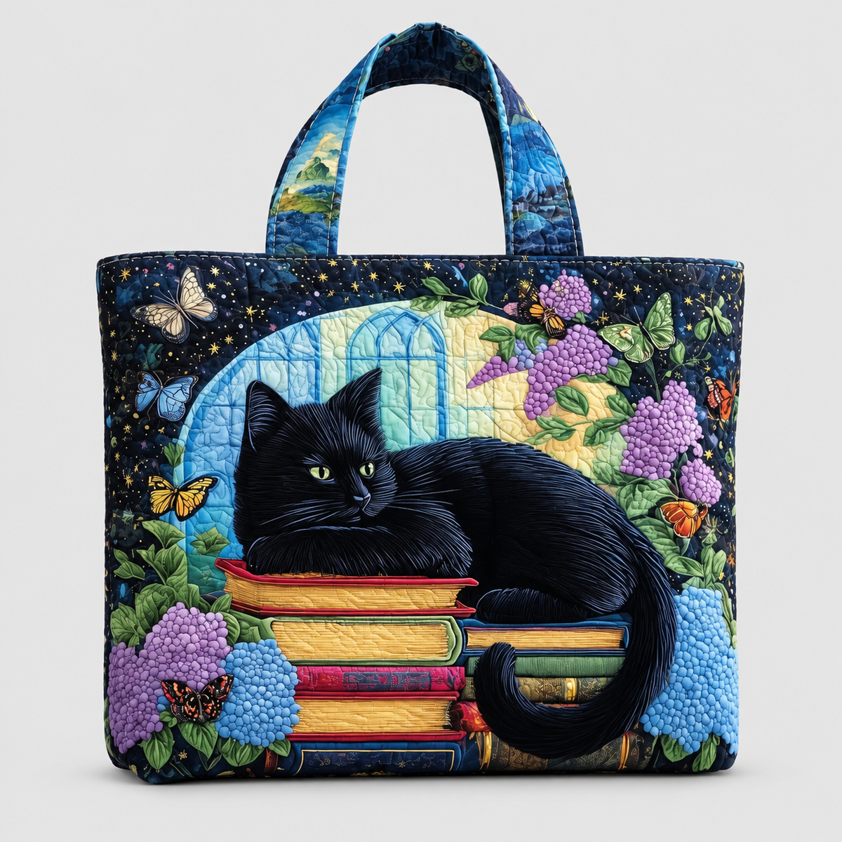 Octavia | Women’s Black Cat and Books Quilted Tote Bag — product detail 1