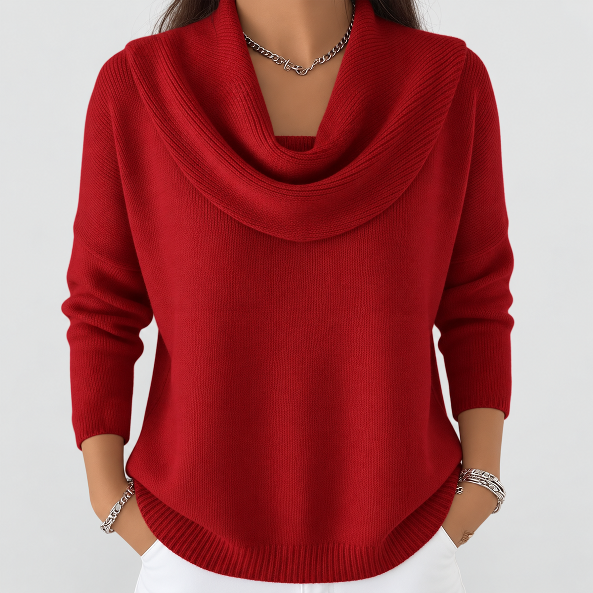 Odette | Women’s Cowl-Neck Sweater with Curved Hem — Red