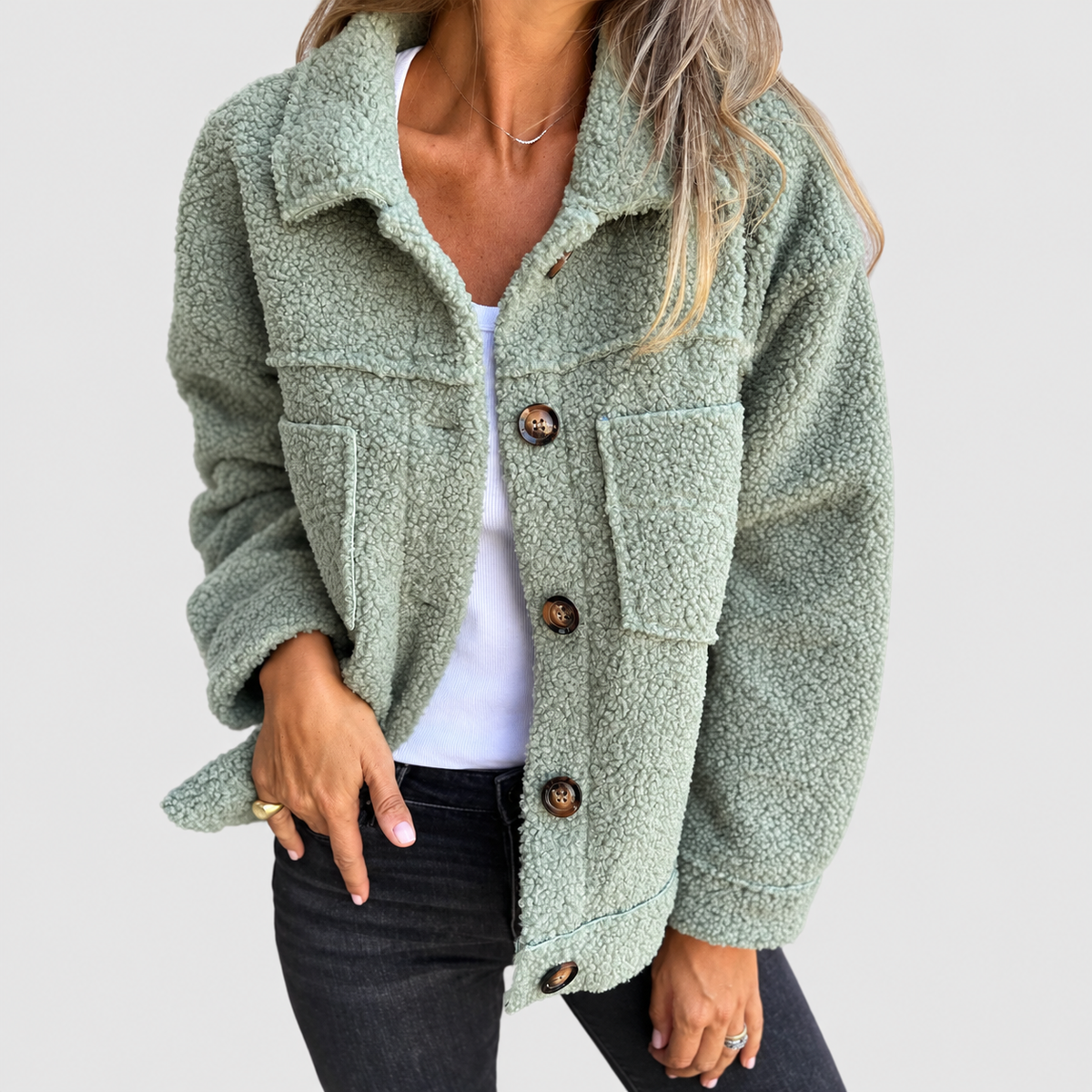 Orinda | Women’s Plush Teddy Jacket with Pockets — Green