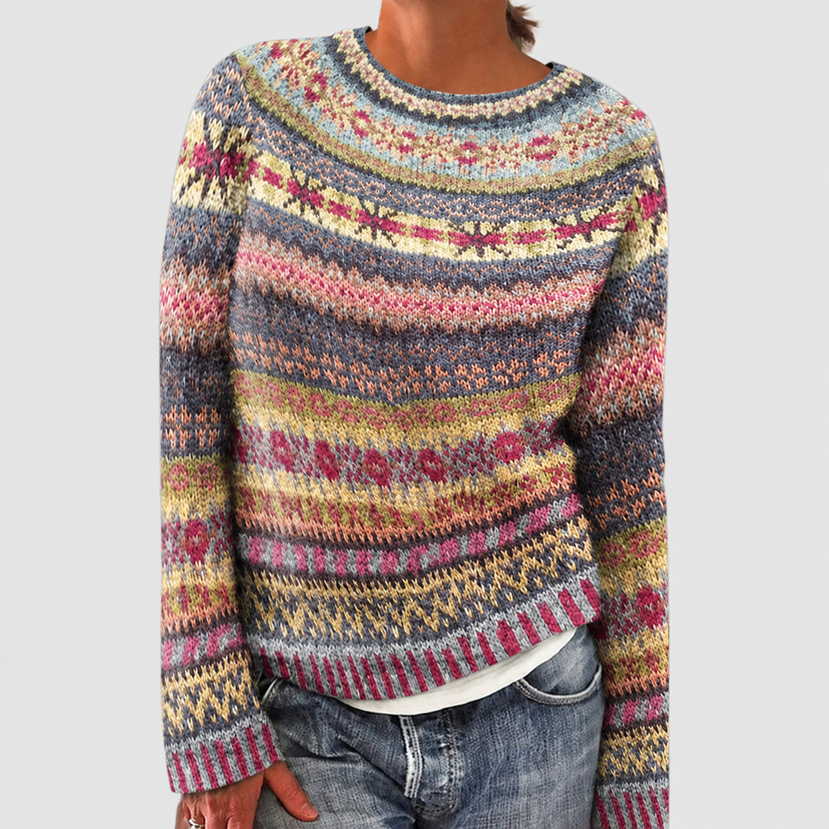 Orinthia | Women’s Colourful Fair Isle Sweater — Beige