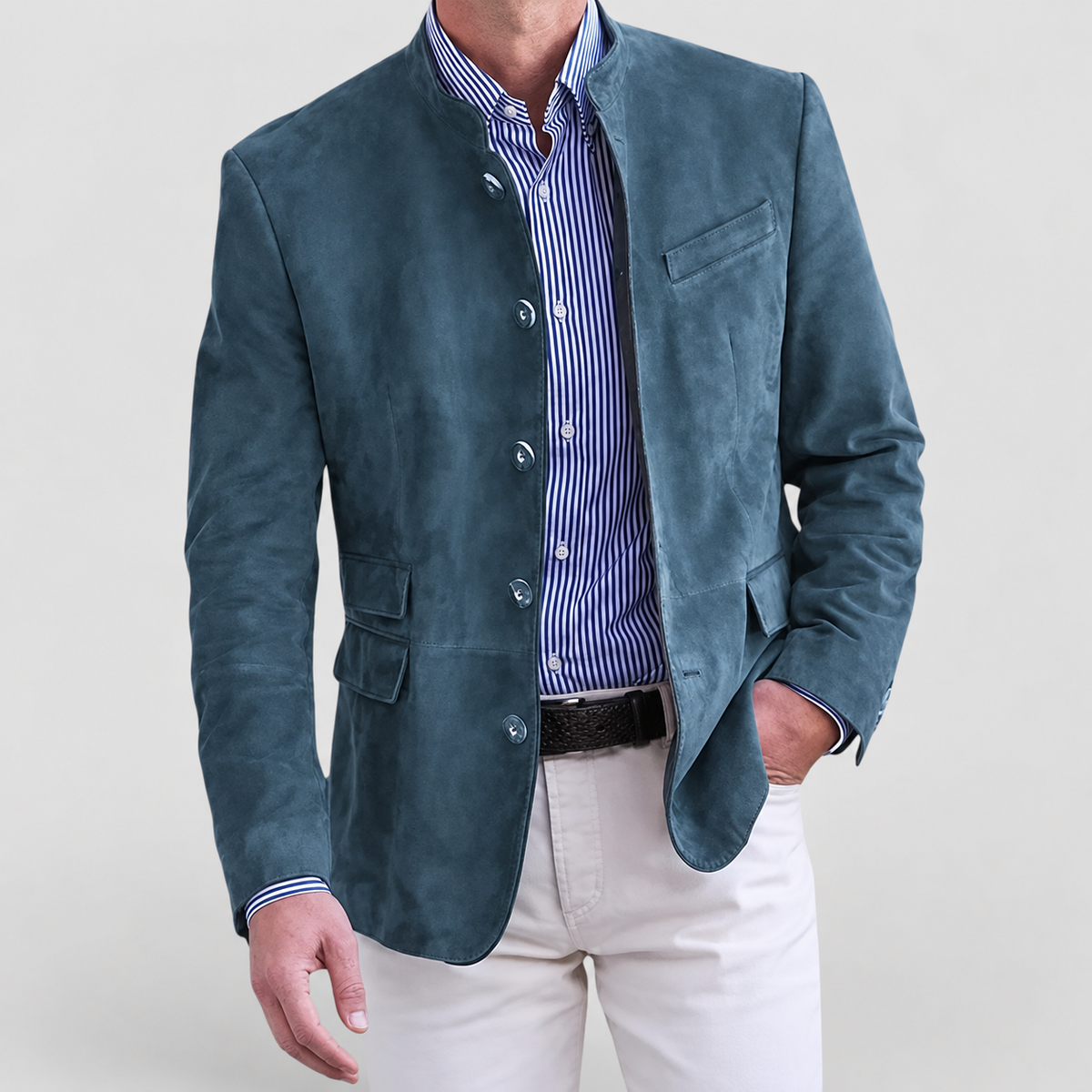 Oswin | Men’s Stand-Collar Button-Front Jacket — Blue