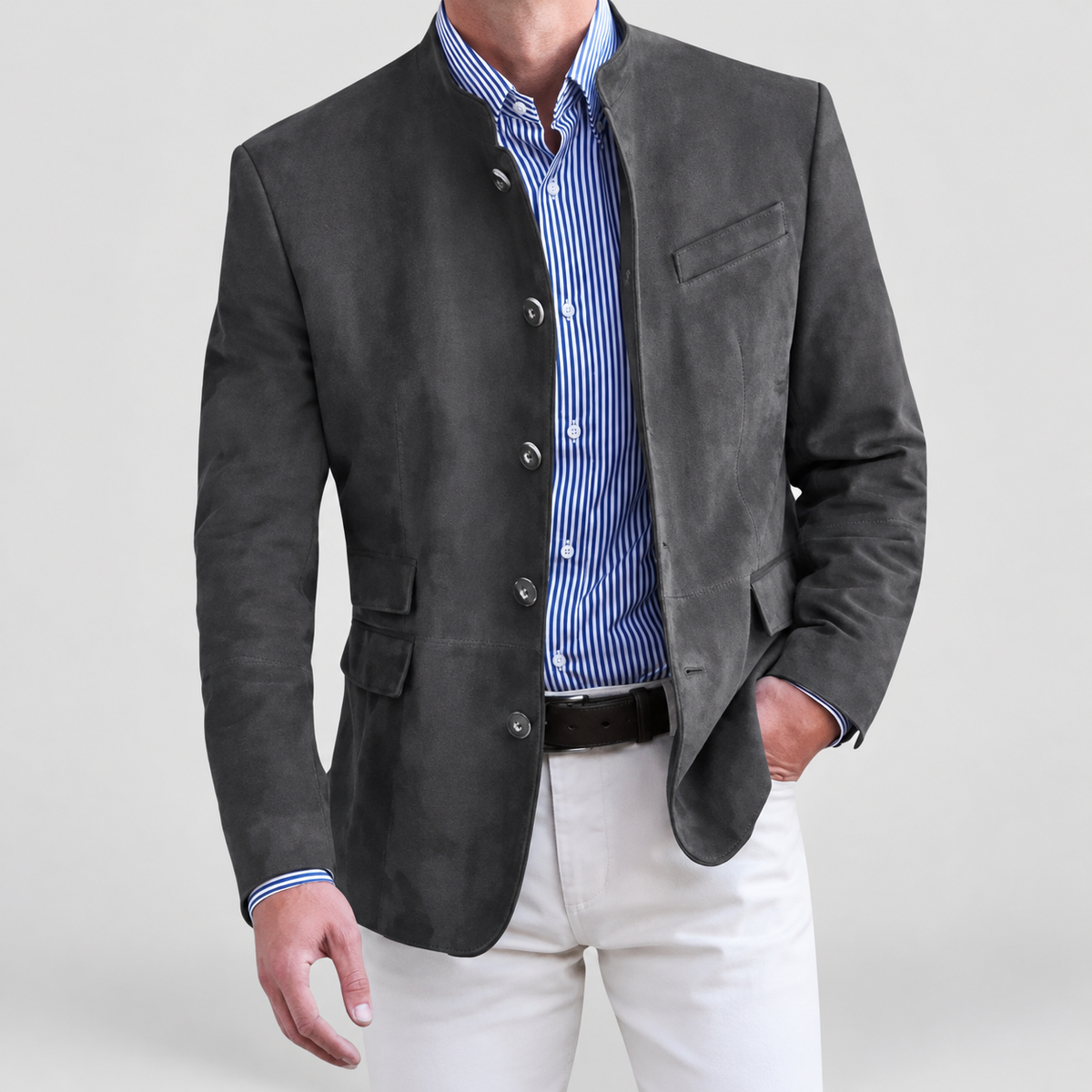 Oswin | Men’s Stand-Collar Button-Front Jacket — Dark Grey