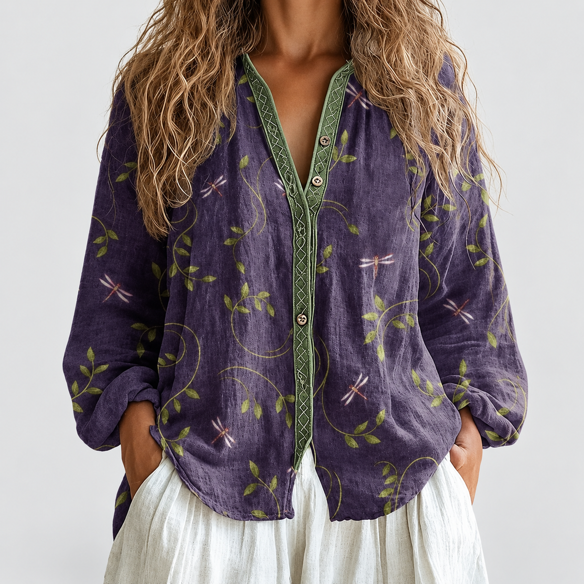 Paloma | Women’s Floral V-Neck Long-Sleeve Blouse — Purple