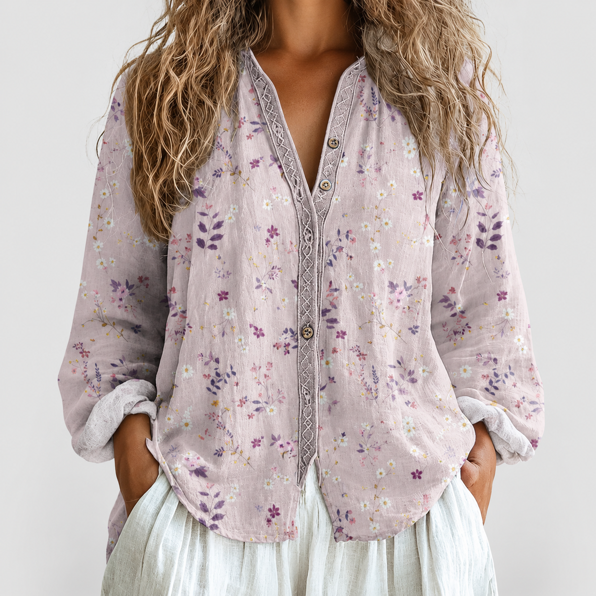 Paloma | Women’s Floral V-Neck Long-Sleeve Blouse — Pink