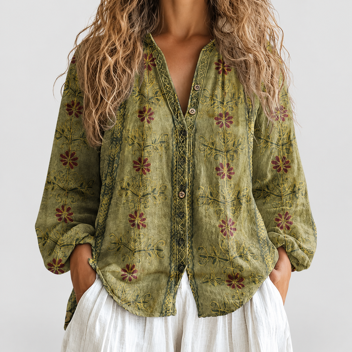Paloma | Women’s Floral V-Neck Long-Sleeve Blouse — Green