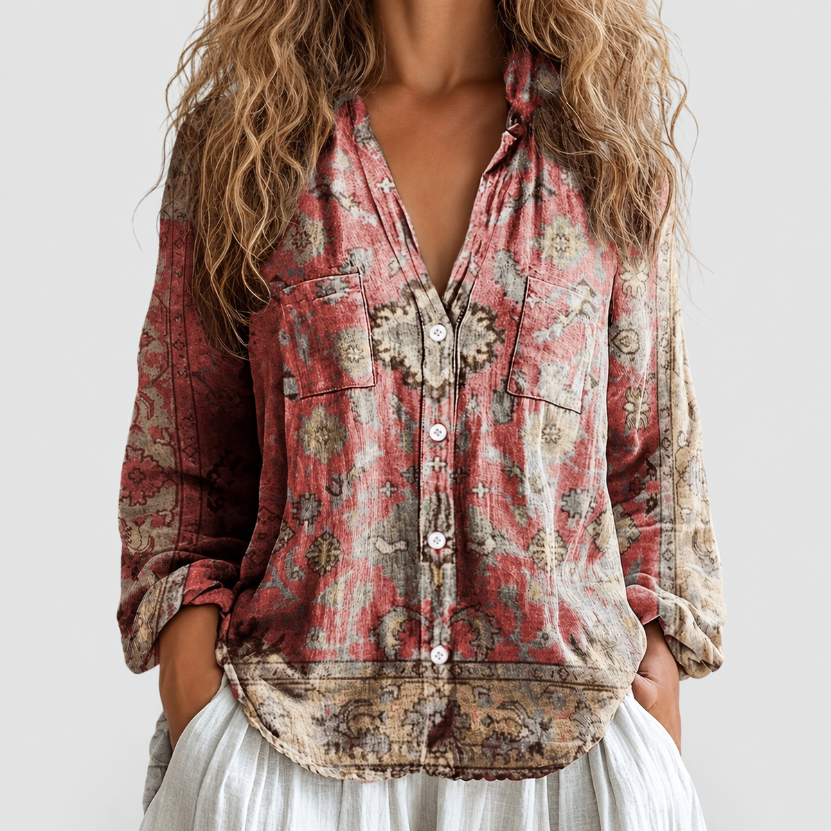 Paloma | Women’s Floral V-Neck Long-Sleeve Blouse — Reddish