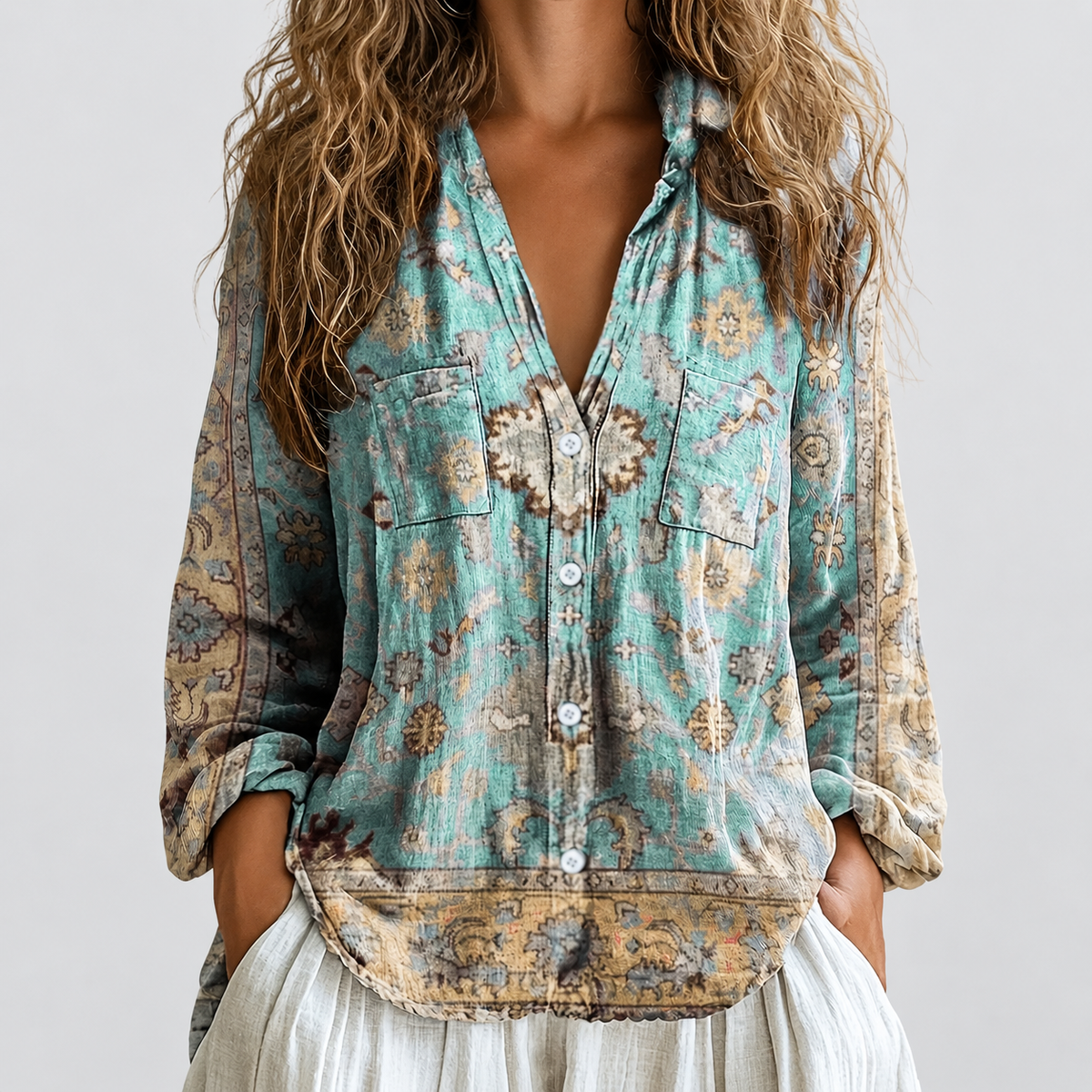 Paloma | Women’s Floral V-Neck Long-Sleeve Blouse — Turquoise