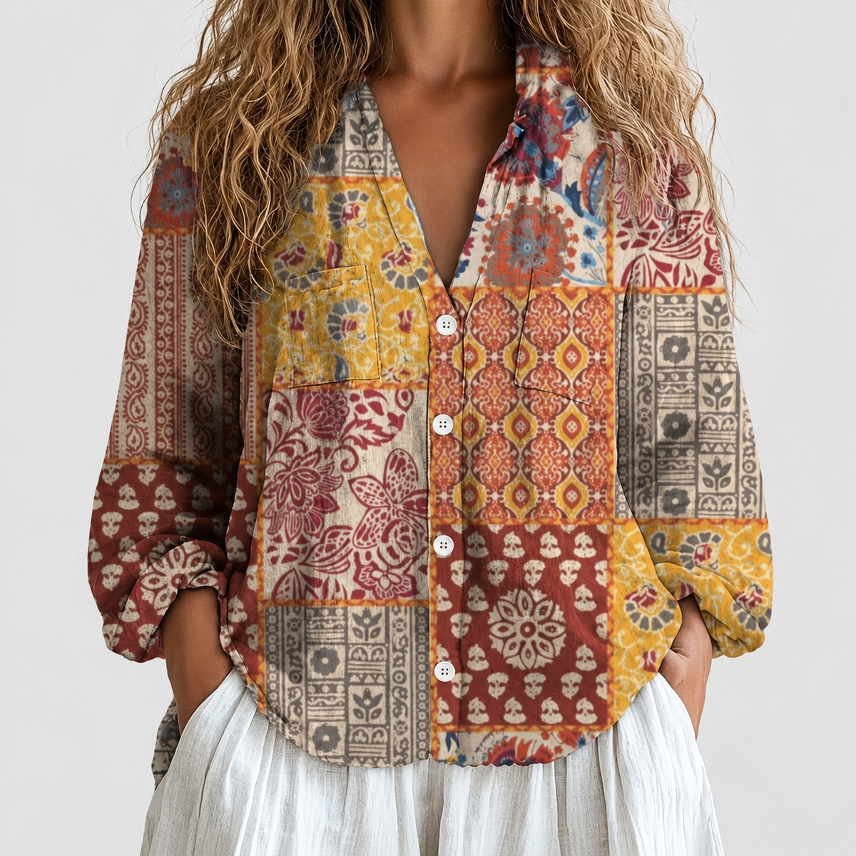 Paloma | Women’s Floral V-Neck Long-Sleeve Blouse — Yellow