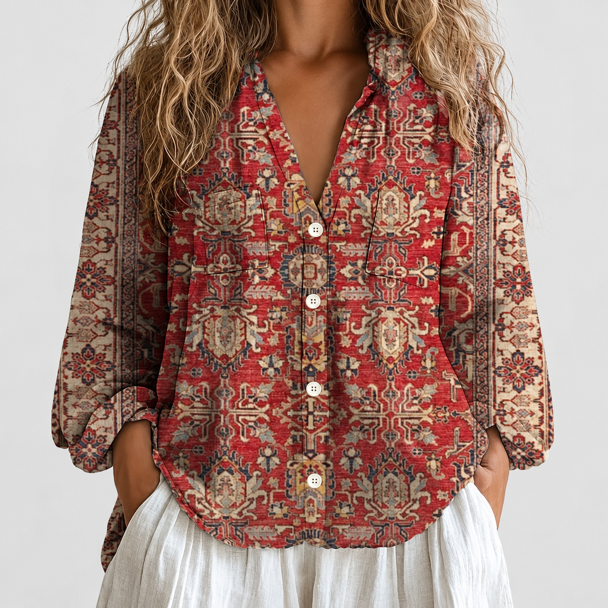 Paloma | Women’s Floral V-Neck Long-Sleeve Blouse — Burgundy