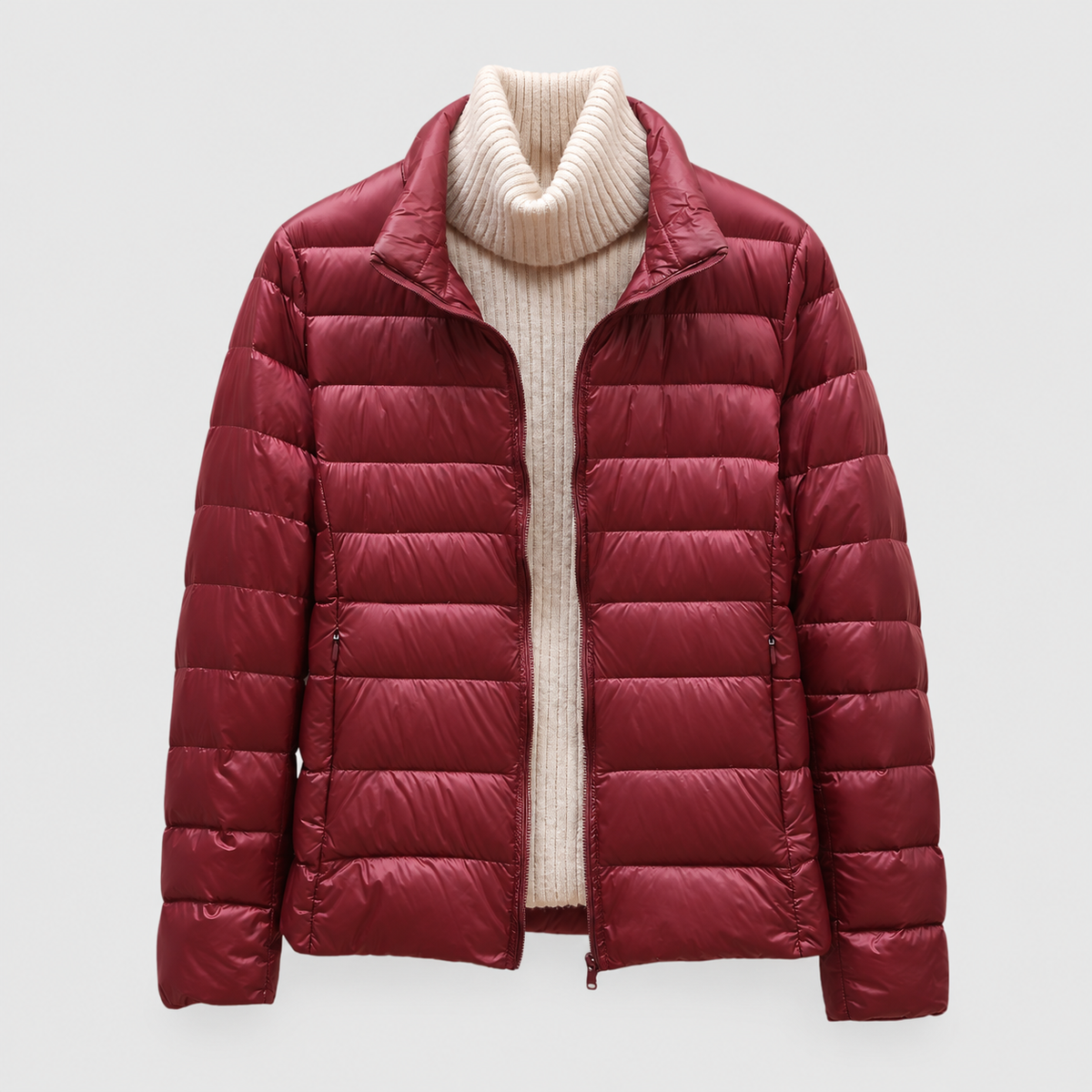 Paolina | Women’s Quilted Hip-Length Puffer Jacket — Burgundy Collar
