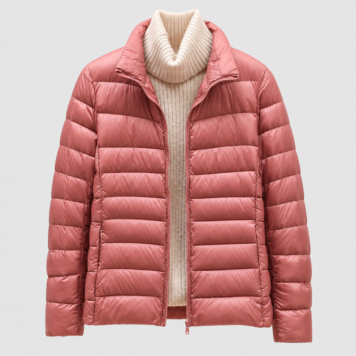 Paolina | Women’s Quilted Hip-Length Puffer Jacket — Pink Collar