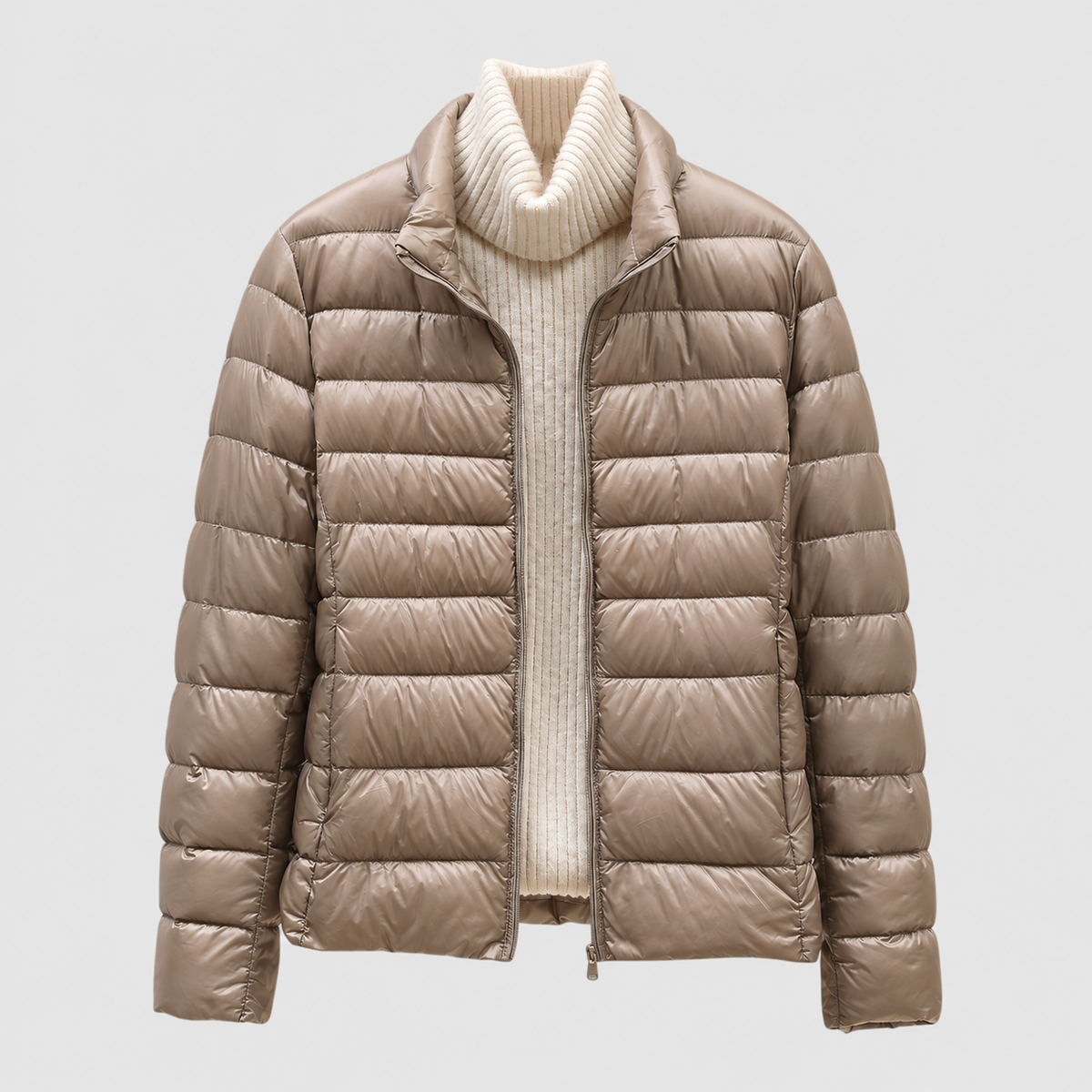Paolina | Women’s Quilted Hip-Length Puffer Jacket — Khaki Collar