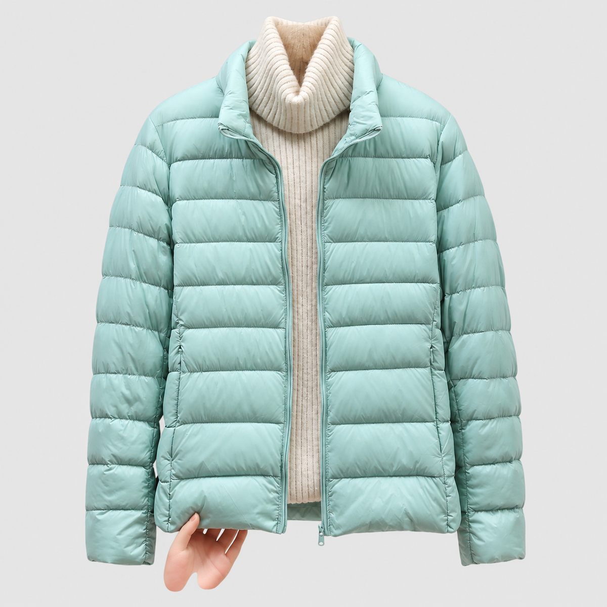 Paolina | Women’s Quilted Hip-Length Puffer Jacket — Green Collar