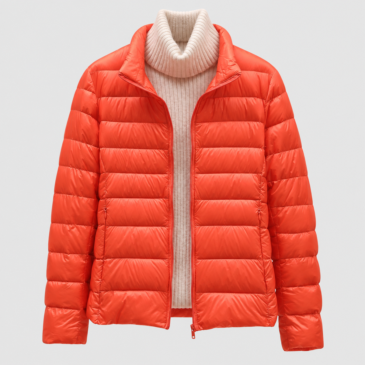Paolina | Women’s Quilted Hip-Length Puffer Jacket — Orange Collar
