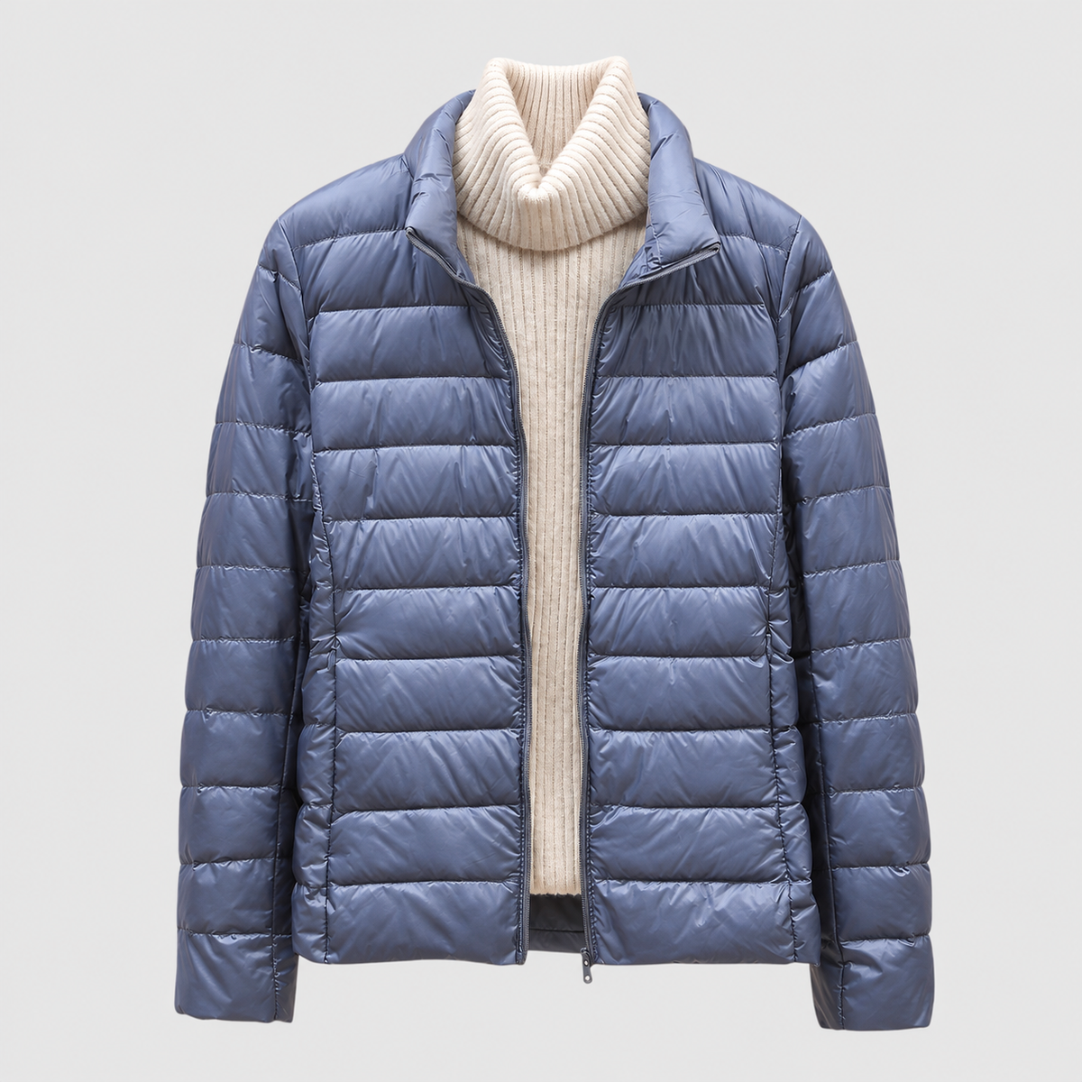 Paolina | Women’s Quilted Hip-Length Puffer Jacket — Steel Blue Collar
