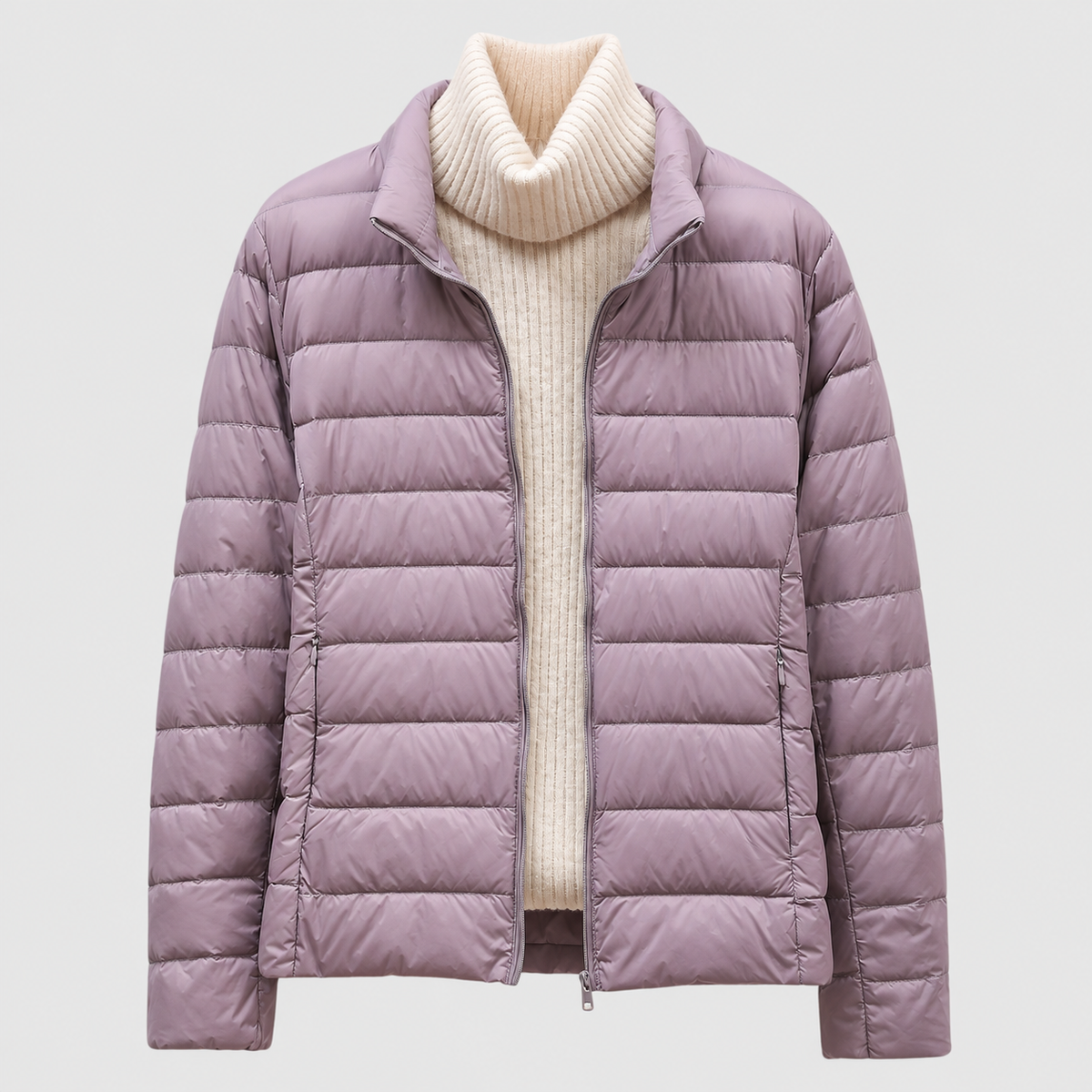 Paolina | Women’s Quilted Hip-Length Puffer Jacket — Dusty Purple Collar
