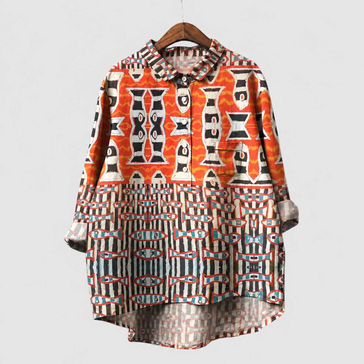 Parisa | Women’s Printed Button-Down Shirt — Tribal Orange