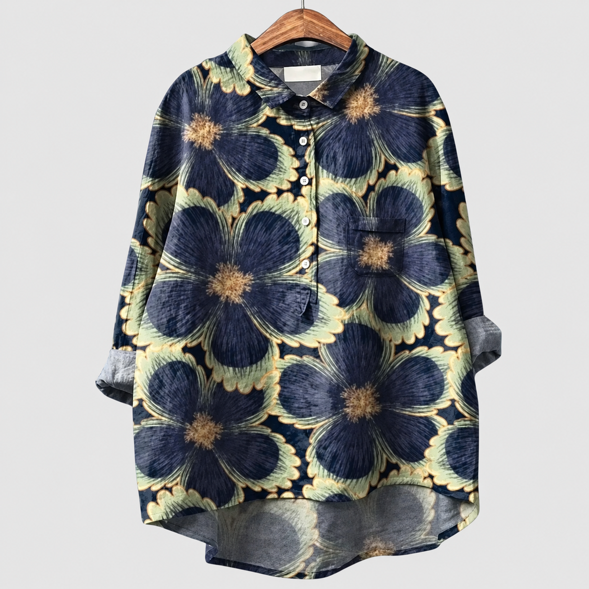 Parisa | Women’s Printed Button-Down Shirt — Navy Floral