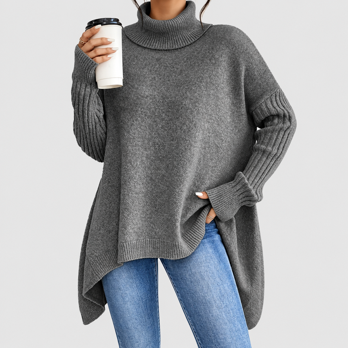 Pearl | Women’s Oversized Longline Sweater with Ribbed Turtleneck — Stone gray