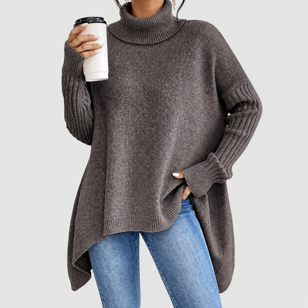Pearl | Women’s Oversized Longline Sweater with Ribbed Turtleneck — Espresso brown