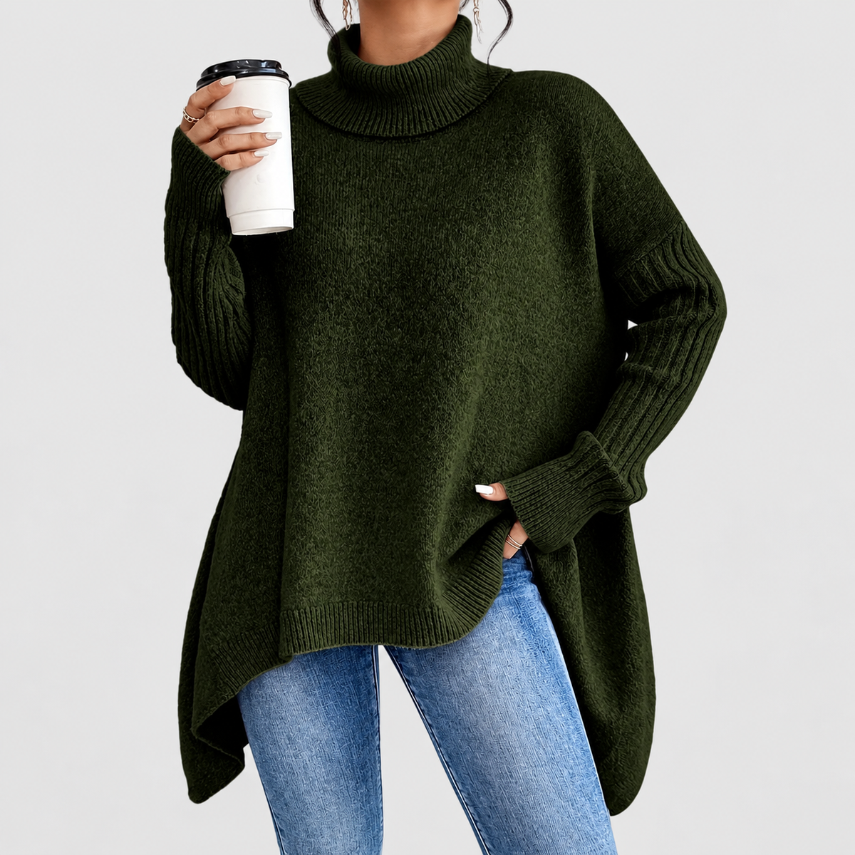 Pearl | Women’s Oversized Longline Sweater with Ribbed Turtleneck — Pine green