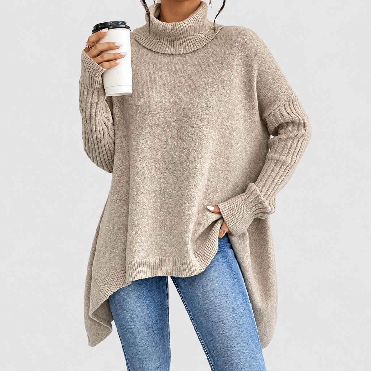 Pearl | Women’s Oversized Longline Sweater with Ribbed Turtleneck — Desert khaki