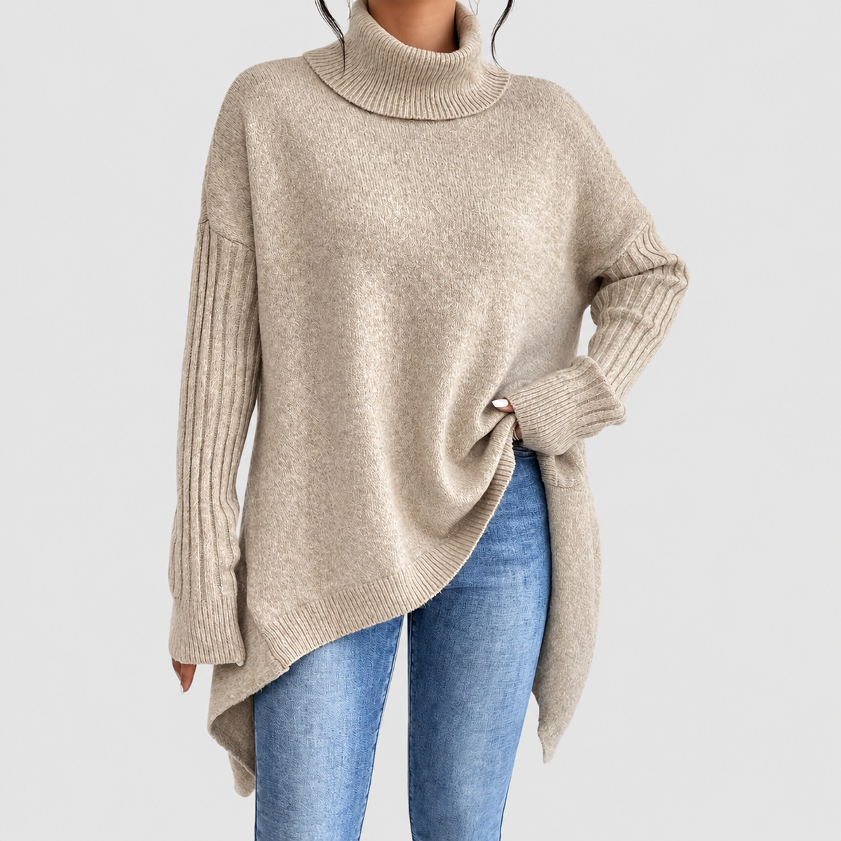 Pearl | Women’s Oversized Longline Sweater with Ribbed Turtleneck — product detail 6