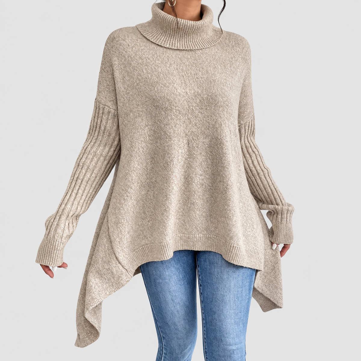 Pearl | Women’s Oversized Longline Sweater with Ribbed Turtleneck — product detail 7