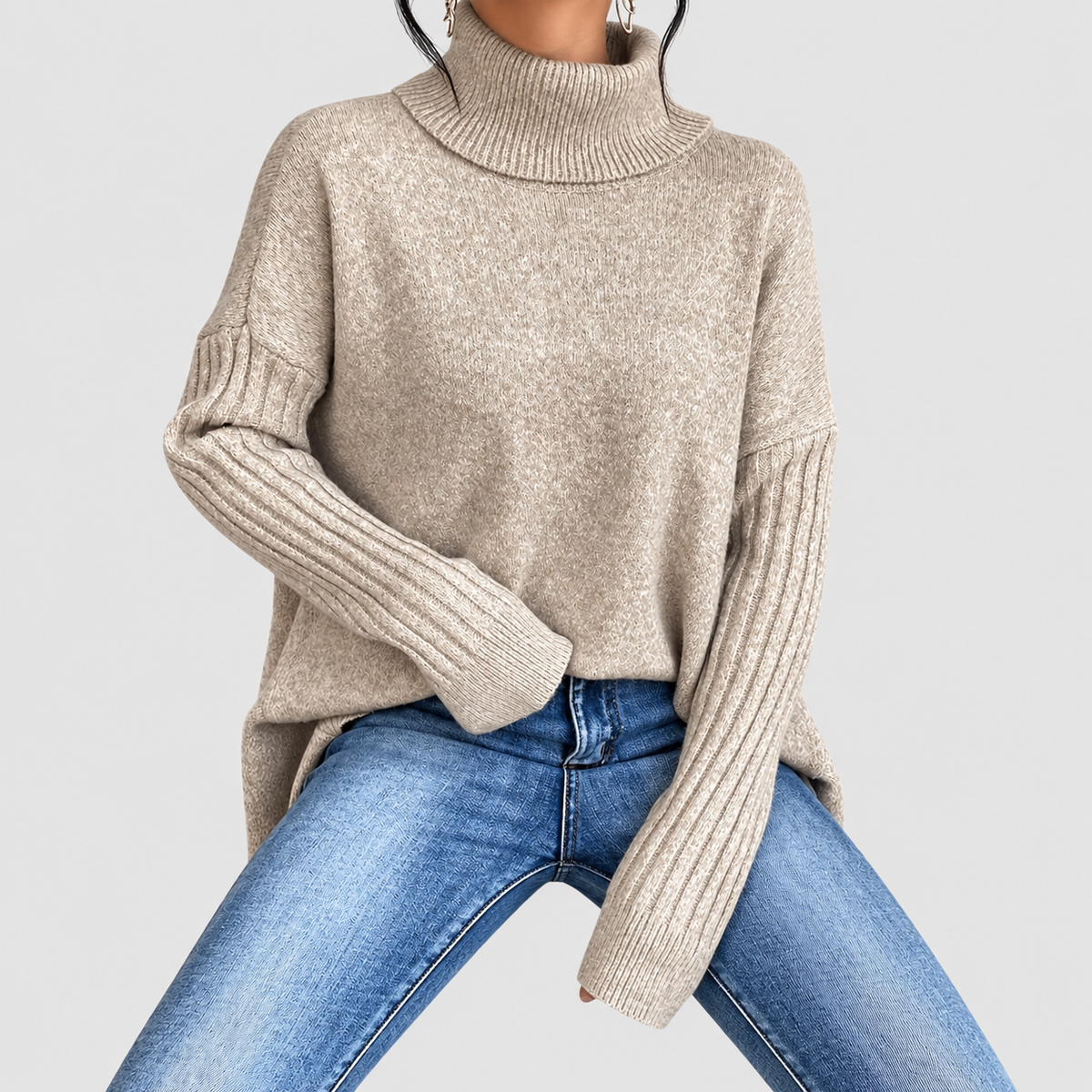 Pearl | Women’s Oversized Longline Sweater with Ribbed Turtleneck — product detail 8