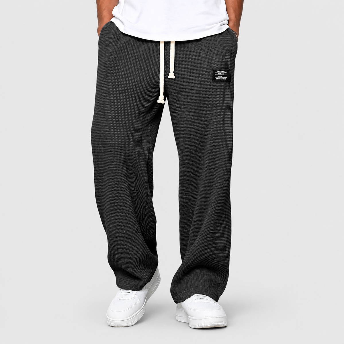 Peregrin | Men’s Waffle-Knit Wide-Leg Drawstring Pants — Black