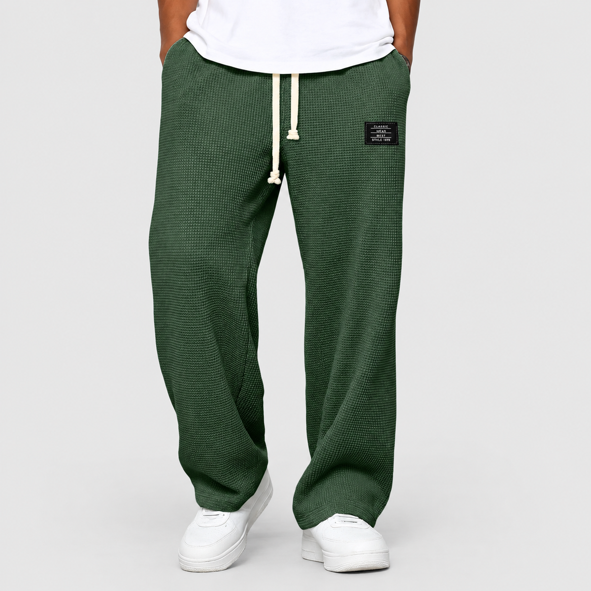 Peregrin | Men’s Waffle-Knit Wide-Leg Drawstring Pants — Dark Green