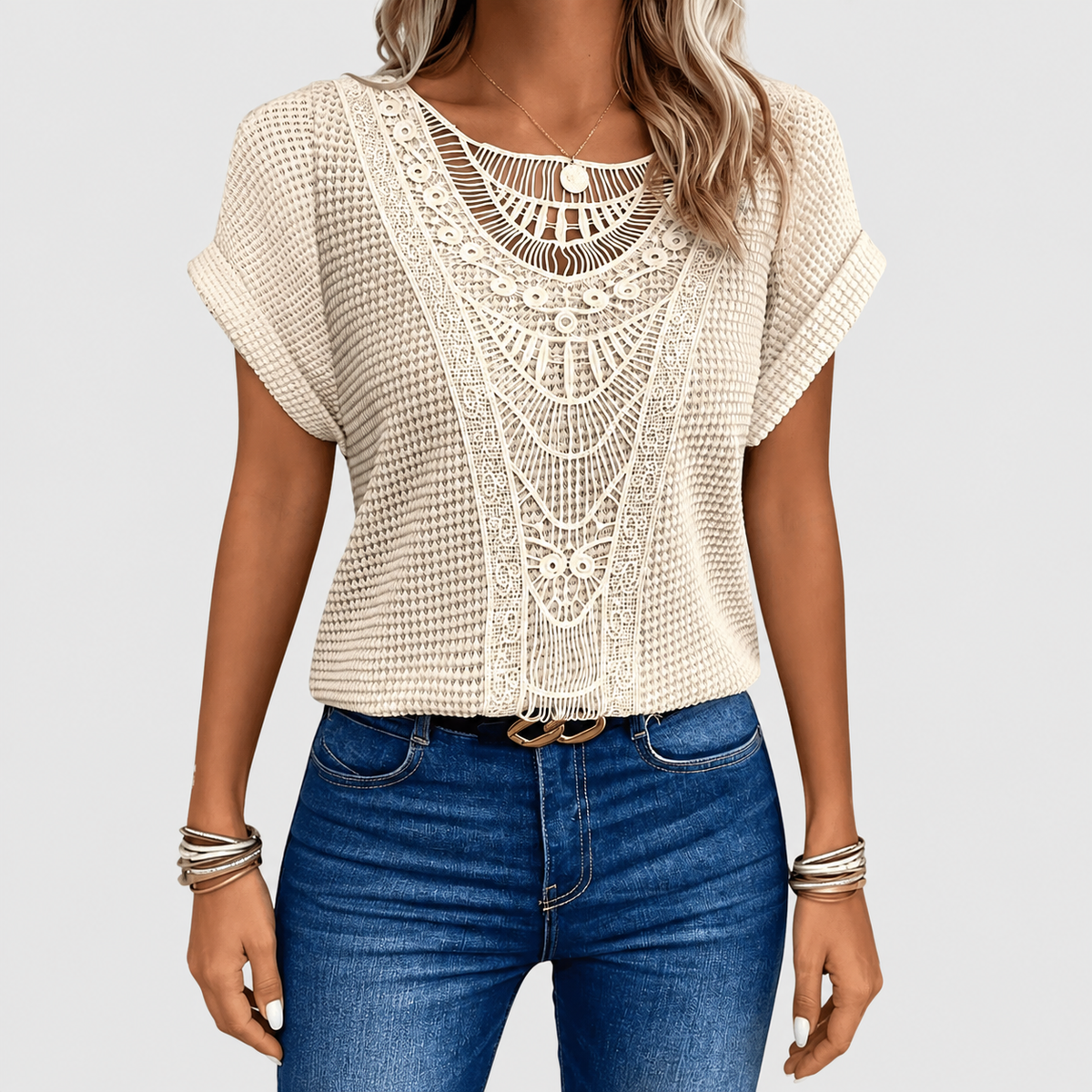Perlina | Women’s Lace-Detail Ibiza-Style Blouse — Beige