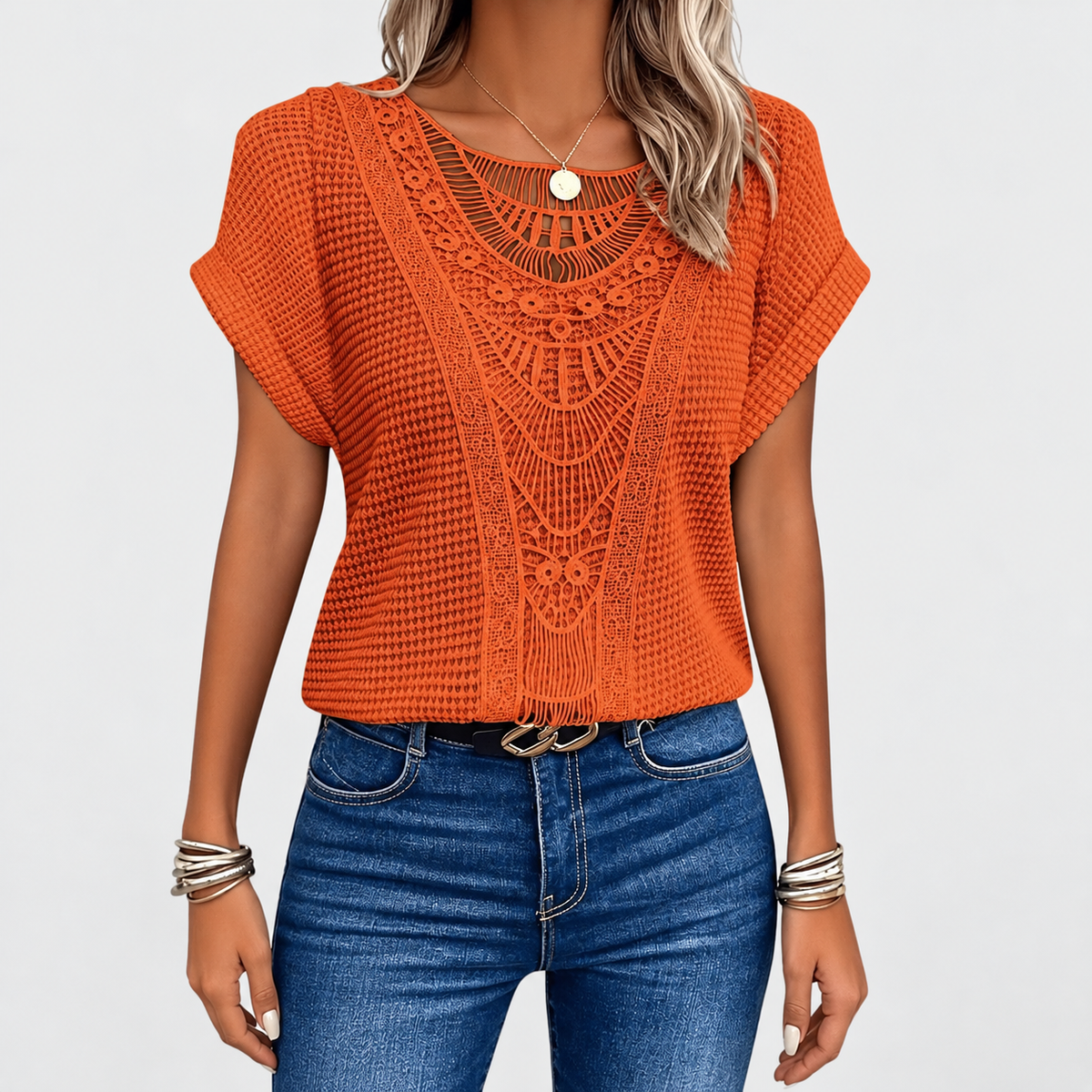 Perlina | Women’s Lace-Detail Ibiza-Style Blouse — Orange