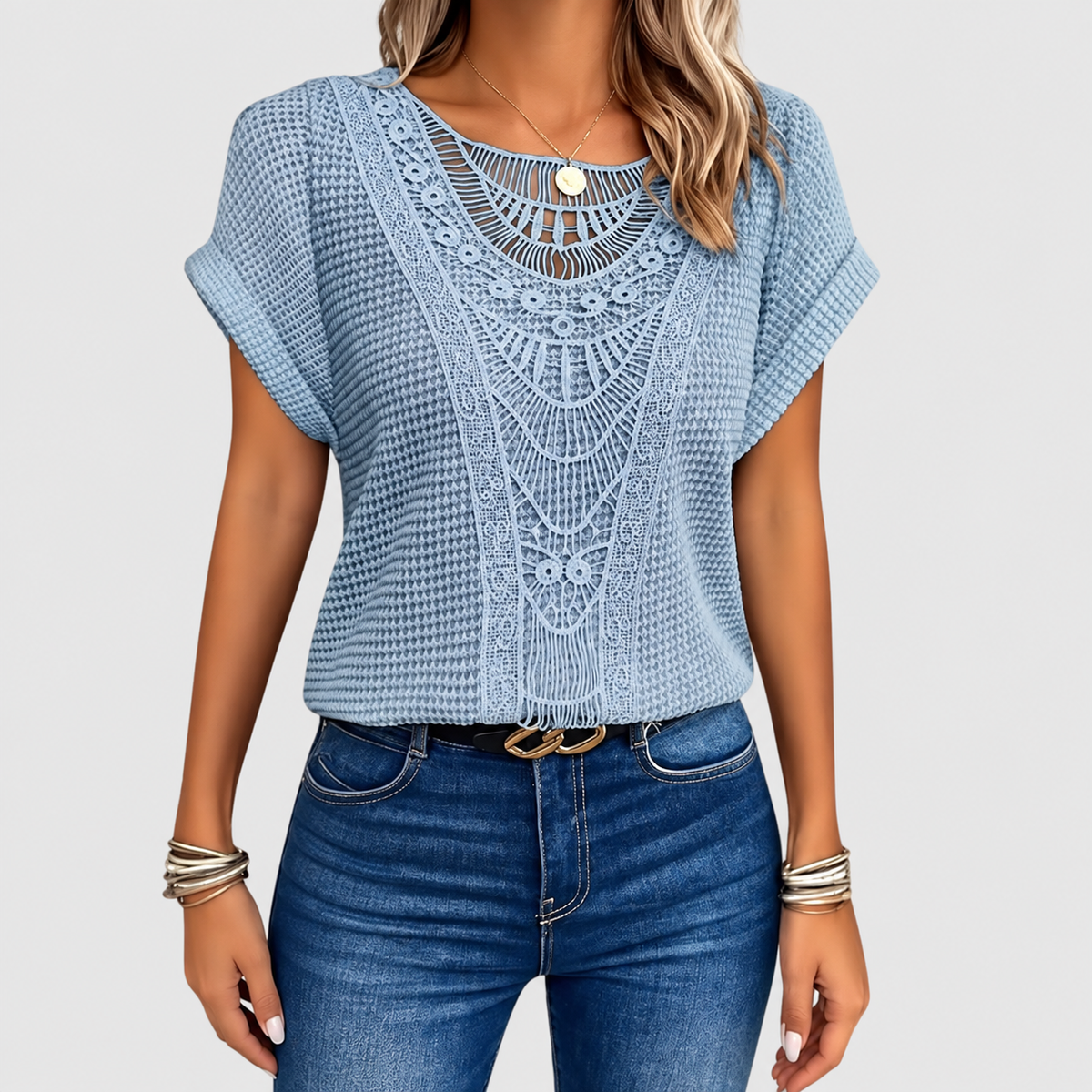 Perlina | Women’s Lace-Detail Ibiza-Style Blouse — Light Blue