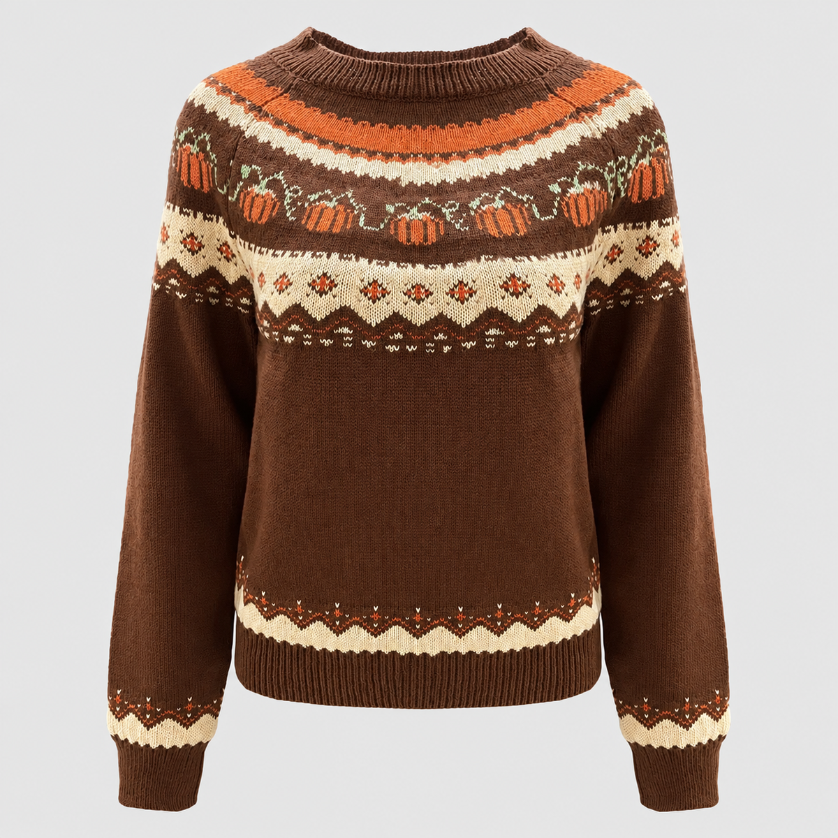 Petronella | Women’s Pumpkin-Jacquard Knit Sweater — Chocolate Color