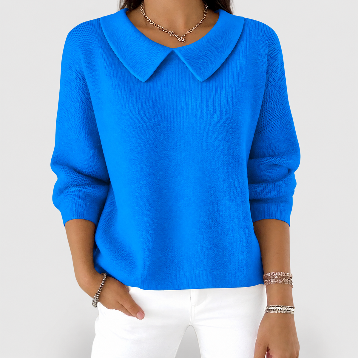 Prescott-Rose | Women’s Relaxed Knit Sweater with Peter Pan Collar — Blue