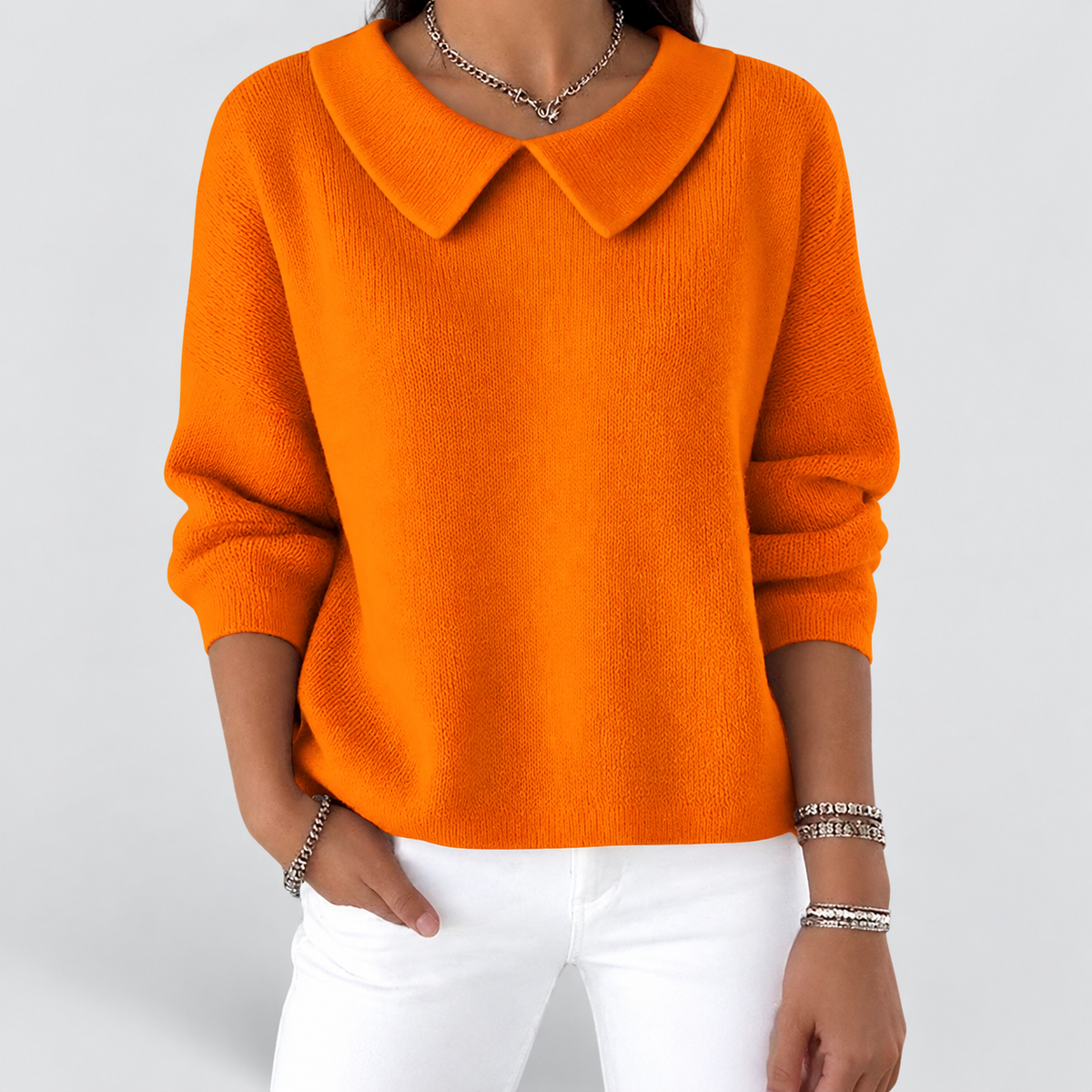 Prescott-Rose | Women’s Relaxed Knit Sweater with Peter Pan Collar — Orange