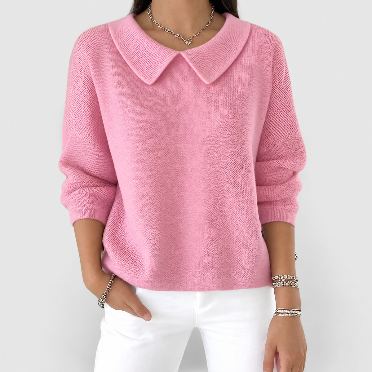Prescott-Rose | Women’s Relaxed Knit Sweater with Peter Pan Collar — Pink