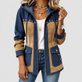Priscilla | Women’s Hooded Jacket with Zip Closure and Flap Pockets — Navy and camel