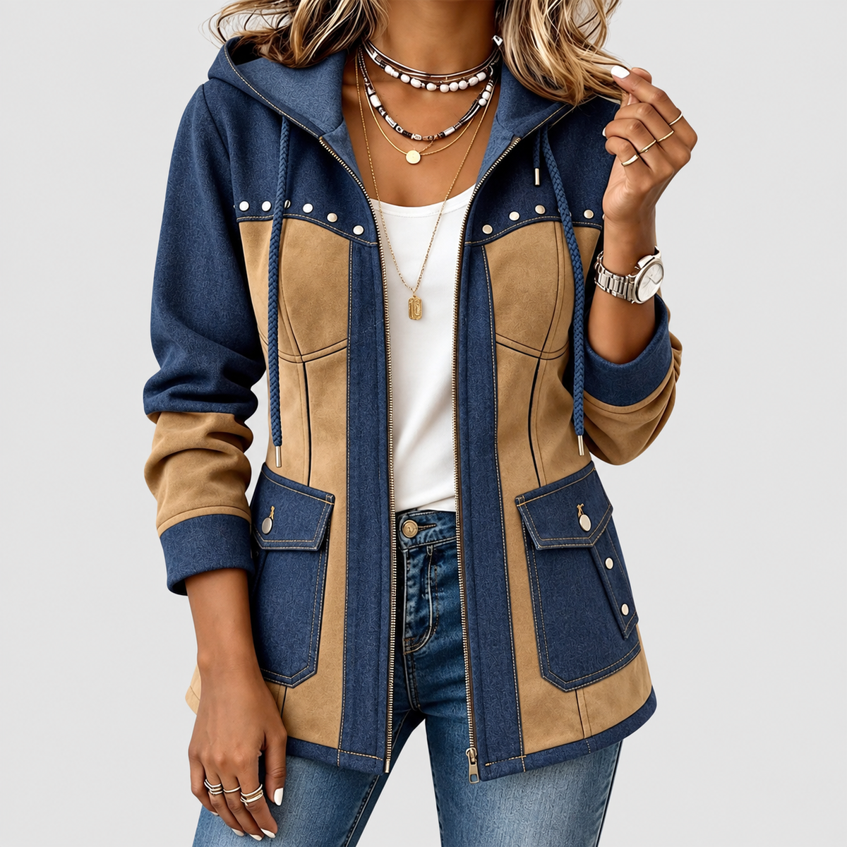 Priscilla | Women’s Hooded Jacket with Zip Closure and Flap Pockets — Navy and camel