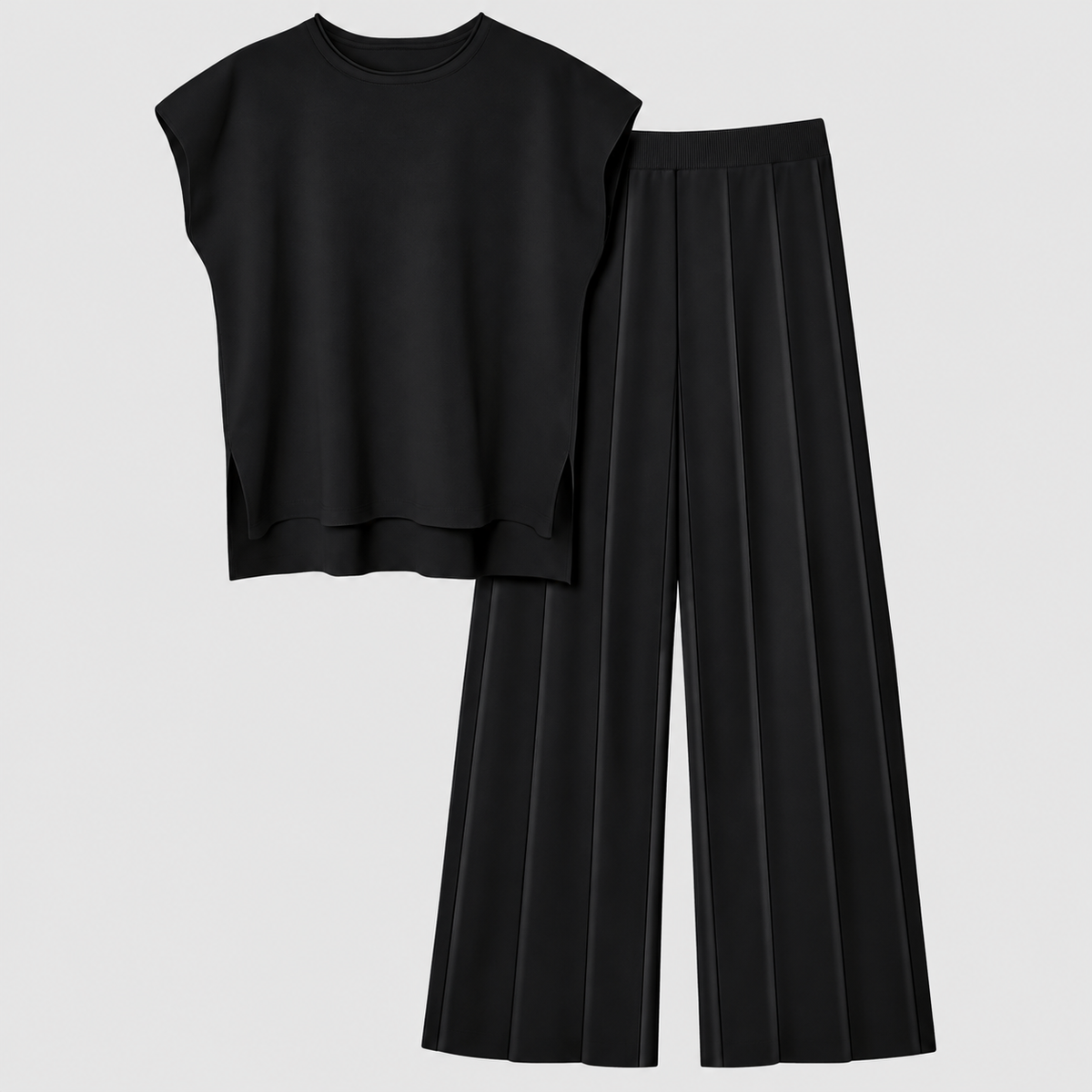 Priscille | Women’s Drop-Shoulder Top and Palazzo Pants Lounge Set — Black