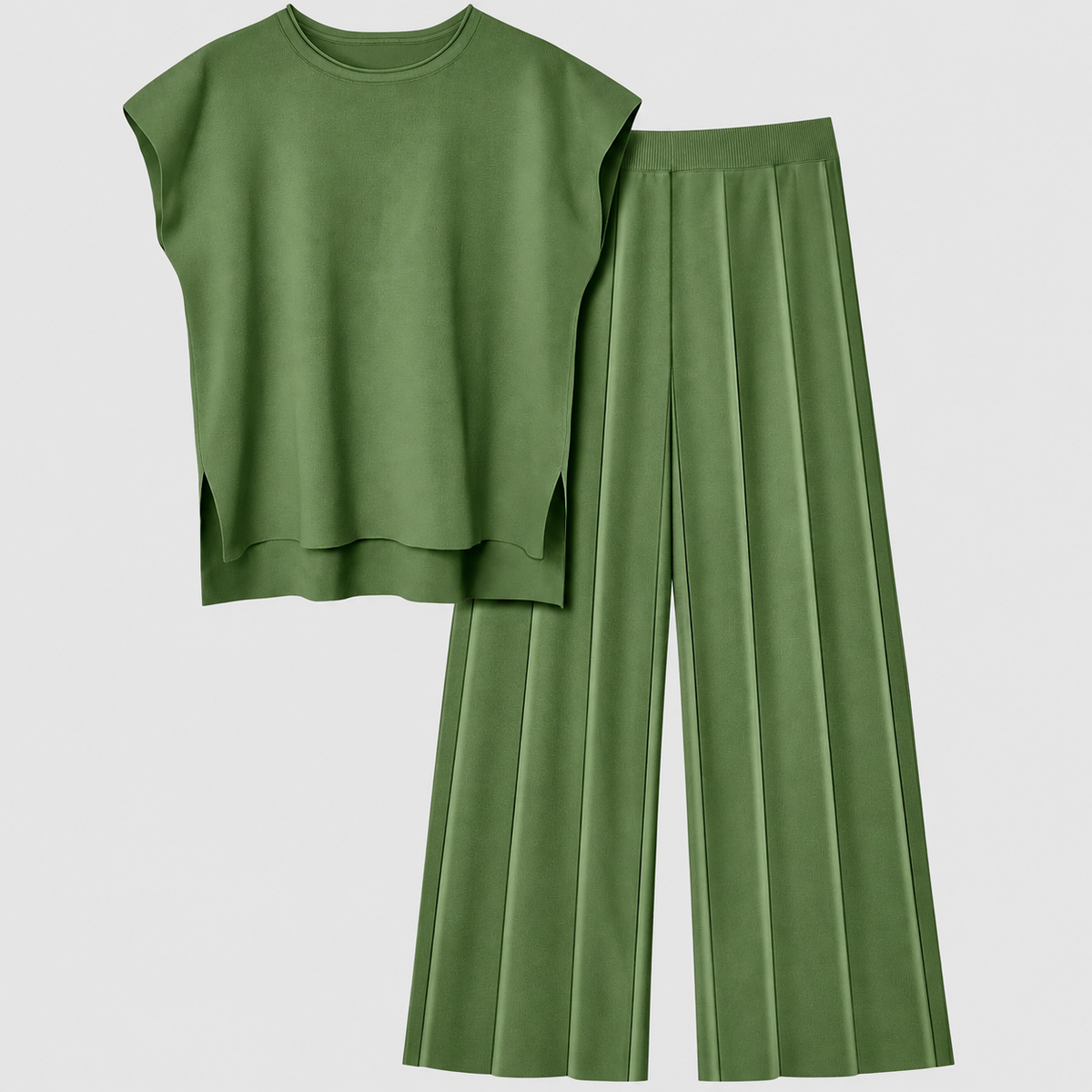 Priscille | Women’s Drop-Shoulder Top and Palazzo Pants Lounge Set — Grass Green
